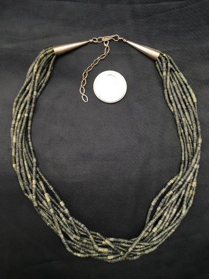 Southwestern Green Agate Heishi 10 Strand Sterling Silver Necklace 16" 04351