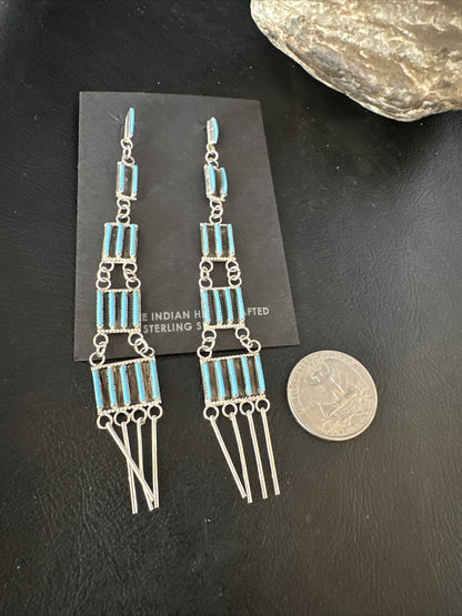Kingman Turquoise Needle Point Zuni Sterling Silver 5 Tier Dangle Earrings 18636