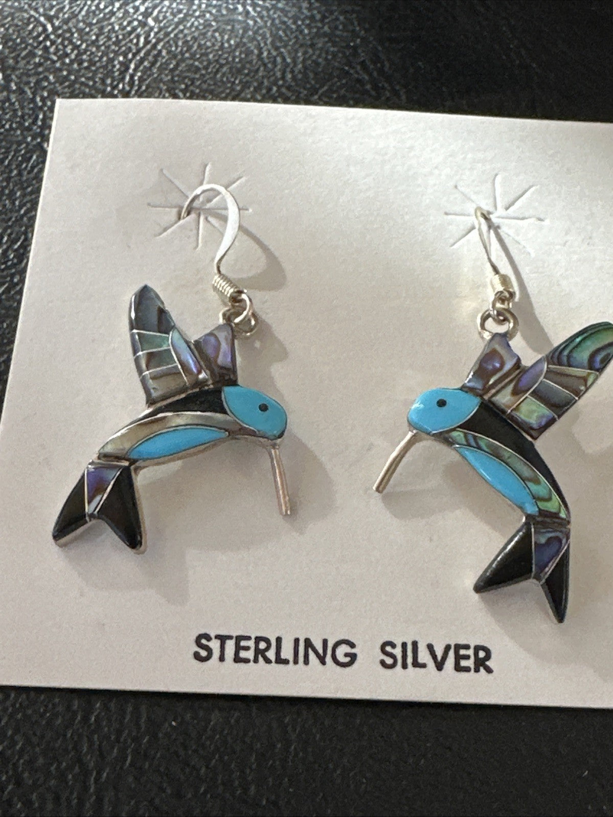 Blue Turquoise Pava Shell Sterling Silver Hummingbird Dangle Earrings 19814