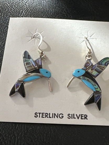 Blue Turquoise Pava Shell Sterling Silver Hummingbird Dangle Earrings 19814