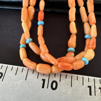 Native Turquoise Orange Coral Sterling Silver 3 Strand Necklace 21" 17818