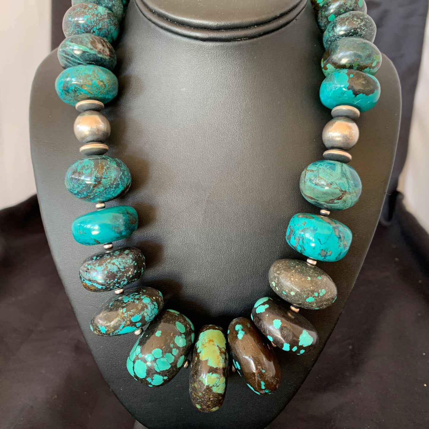 Blue Turquoise Chunky Graduated Navajo Sterling Silver Beads Necklace 11381