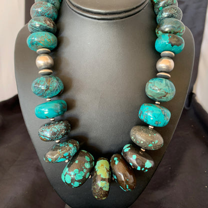 Blue Turquoise Chunky Graduated Navajo Sterling Silver Beads Necklace 11381