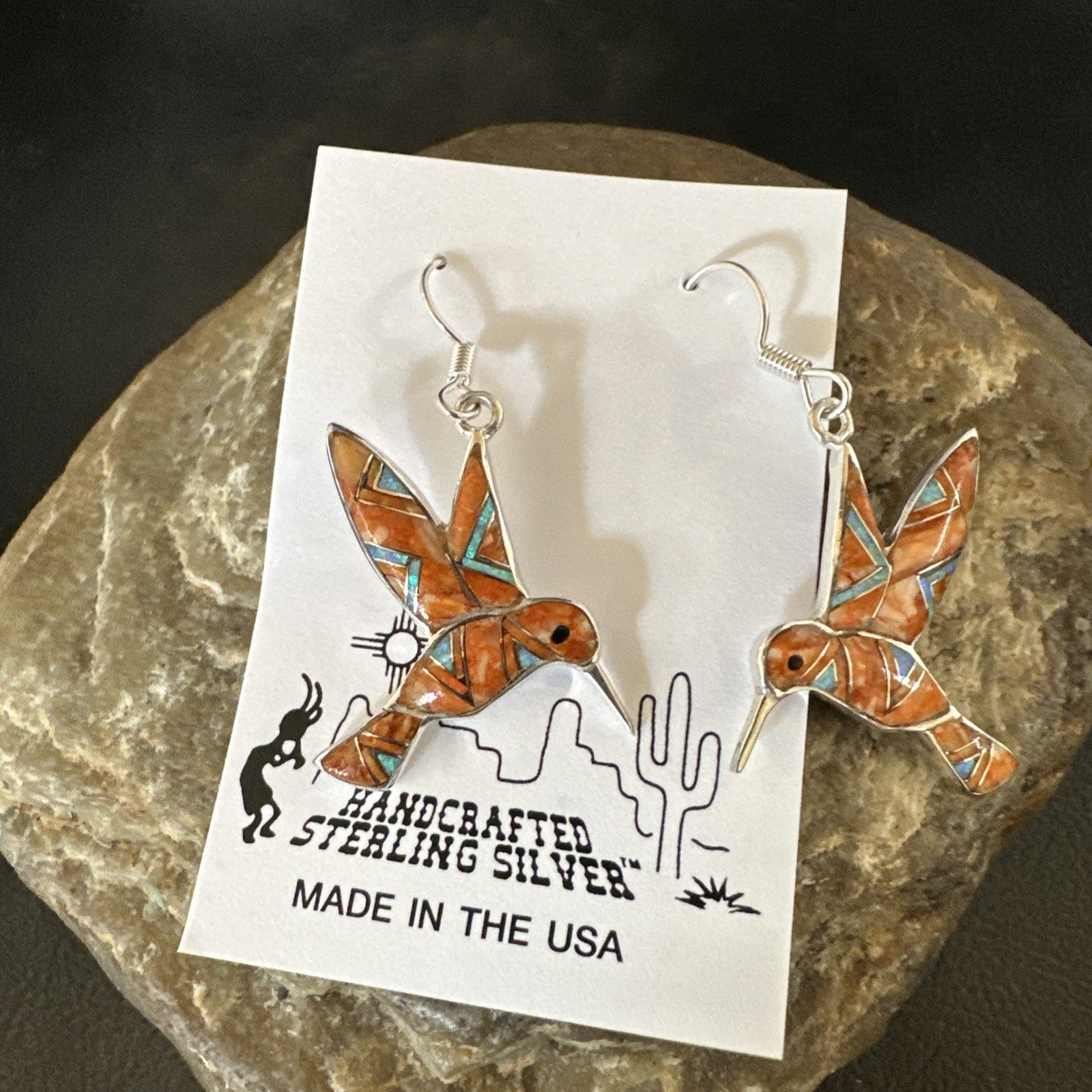 Orange Spiny Oyster Opal Sterling Silver Hummingbird Dangle Earrings 19133