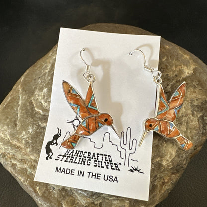Orange Spiny Oyster Opal Sterling Silver Hummingbird Dangle Earrings 19133