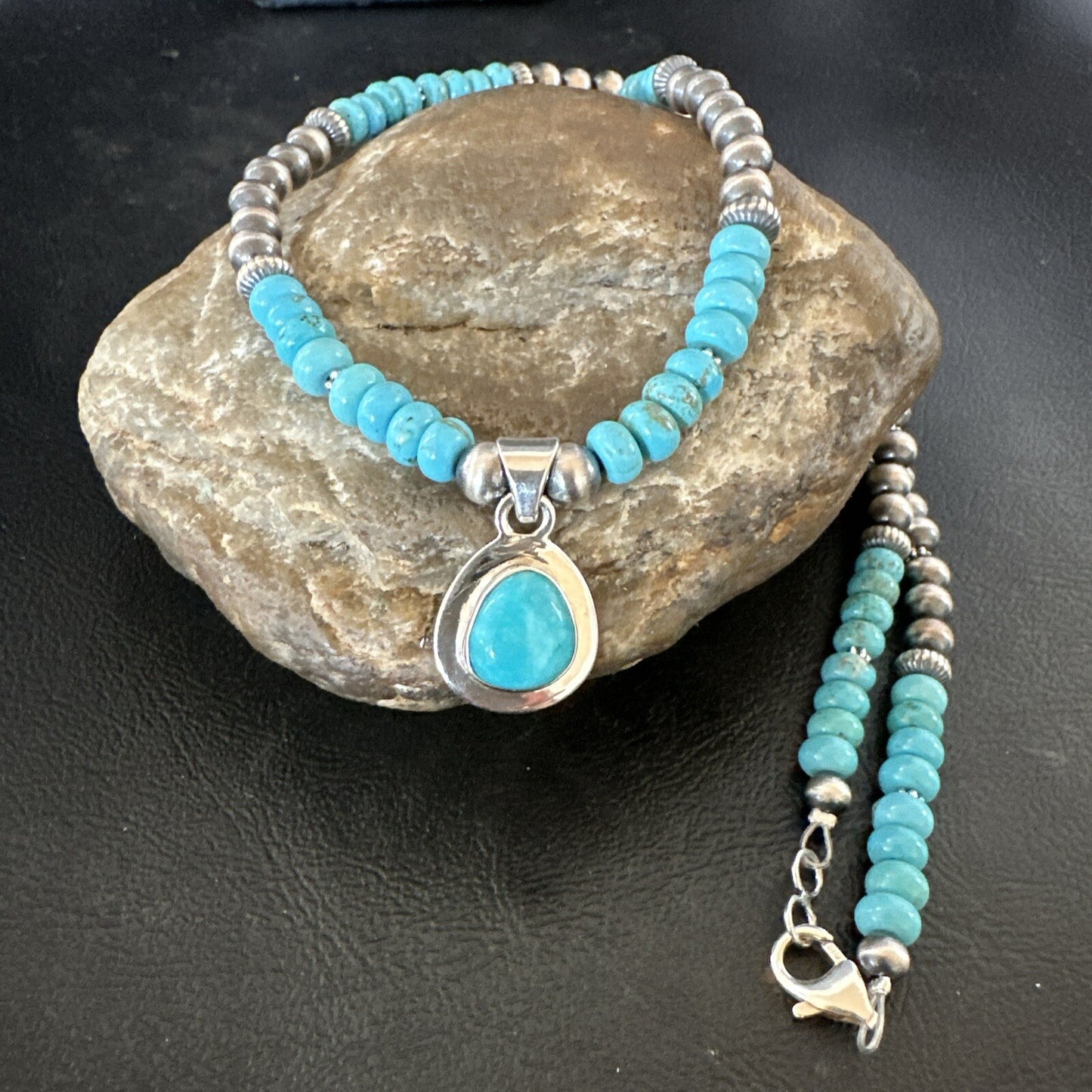 Mens Blue Kingman Turquoise Pendant Navajo Sterling Silver Necklace 21" 17904