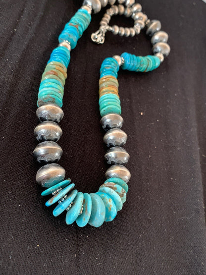Blue Green Turquoise Beads Navajo Pearls Sterling Silver Necklace 4697