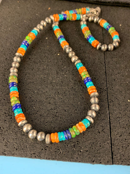 Native Sterling Silver Multi-Stone Turquoise Lapis Necklace Bracelet Set