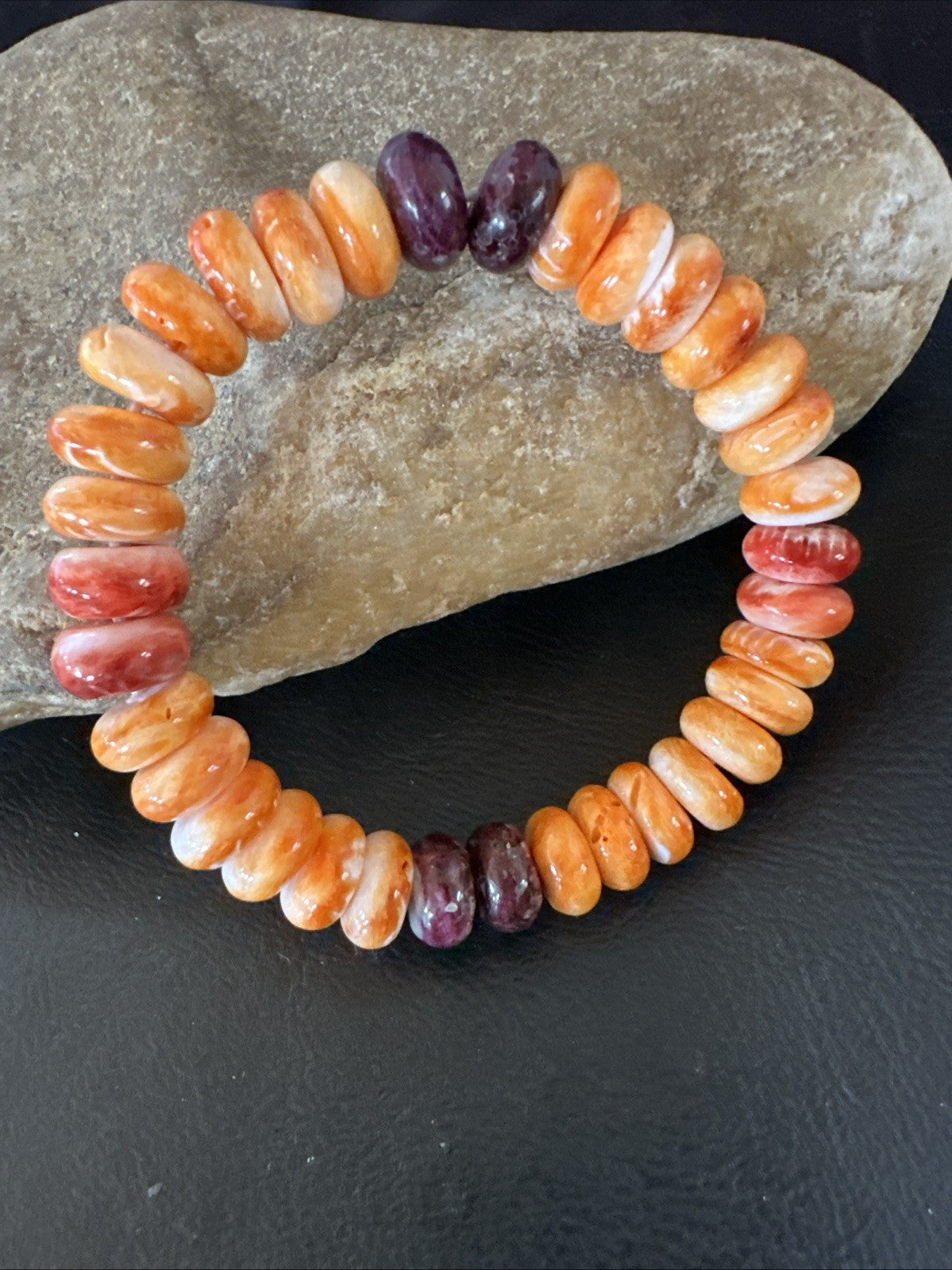 Orange Purple Spiny Oyster 12mm Bead Navajo Stretch Bracelet 19252