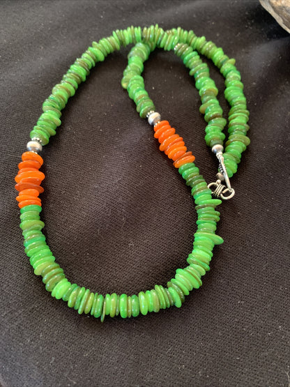 Orange Green Mother of Pearls Navajo Sterling Silver Beads Necklace 01054