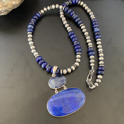 Lapis Lazuli Pendant Navajo Pearls Sterling Silver Necklace 11366