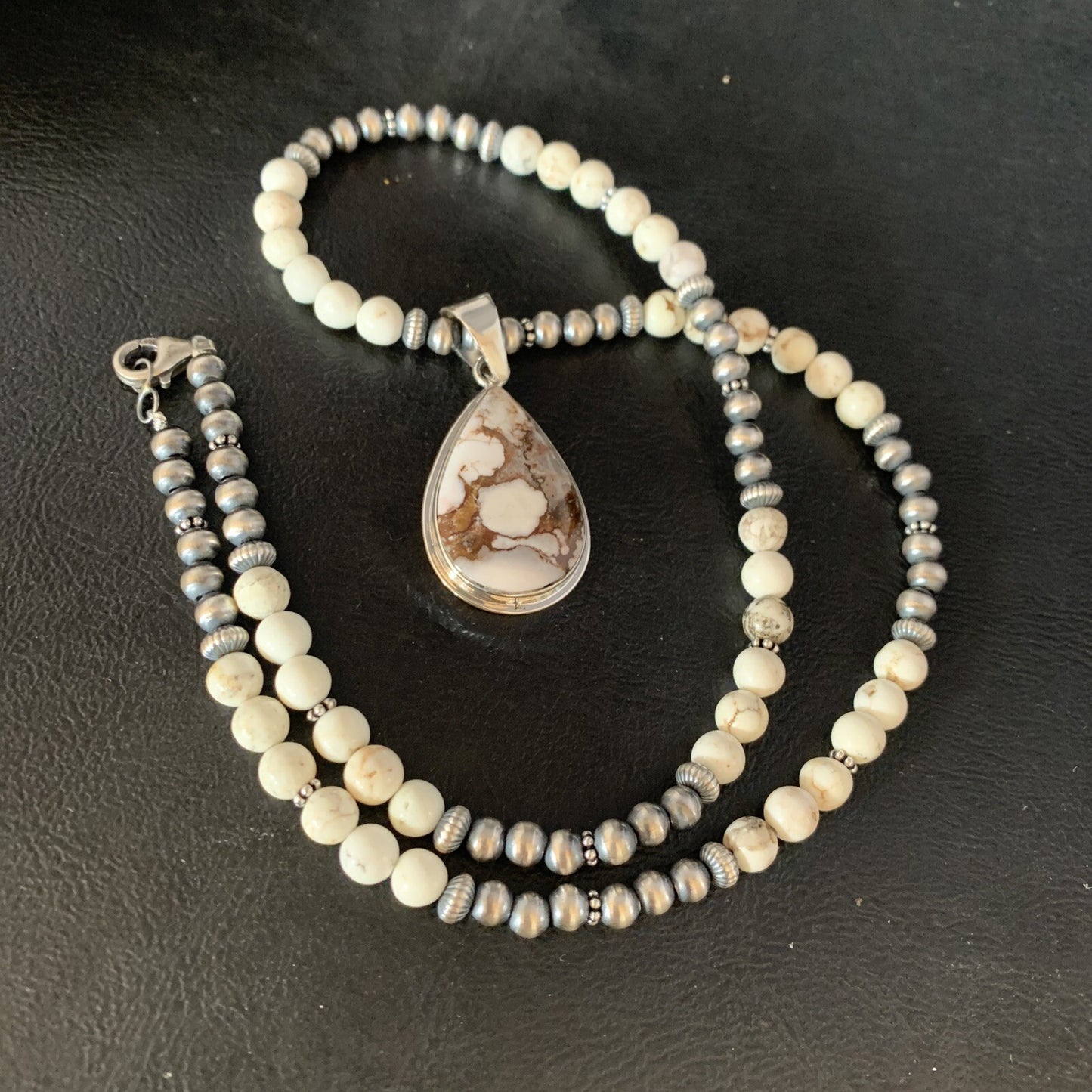 Navajo Pearls Sterling Silver Wild Crazy Horse Turquoise Necklace Pendant 13903