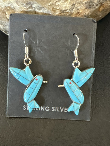Blue Turquoise Navajo Sterling Silver Hummingbird Dangle Earrings 1424