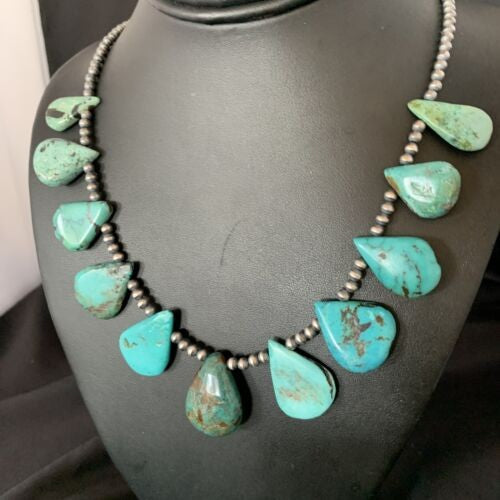 Navajo Pearls Necklace Blue Turquoise Teardrop | Sterling Silver | Authentic Native American Handmade | 13152