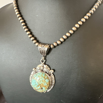 Mens Blue Turquoise#8 Pendant Navajo Sterling Silver Necklace 18073