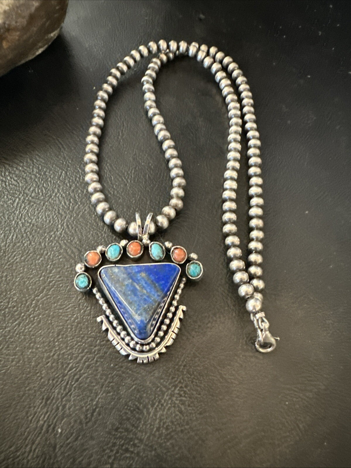 Blue Lapis Cluster Pendant Navajo Sterling Silver Beads Necklace 20" 18753