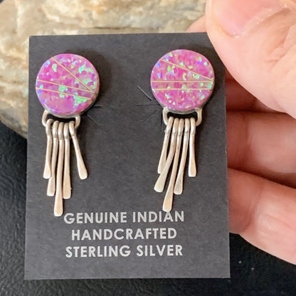 Womens Pink Opal Inlay Navajo Sterling Silver Dangle Post Earrings 1.3" 12758