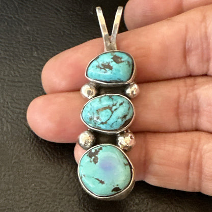 Blue Turquoise 3 Stone Navajo Sterling Silver Cluster Pendant Only 18348