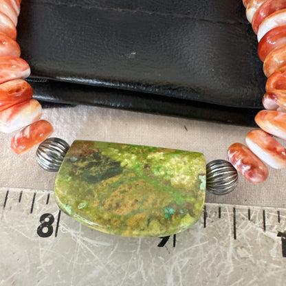 Orange Spiny  Green Turquoise Navajo Sterling Silver Pendant Necklace 20” 19636