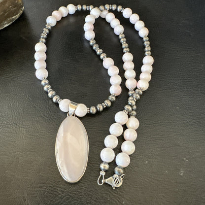 Southwestern Sterling Silver Pink Queen Conch Bead Necklace Pendant 20" 19555