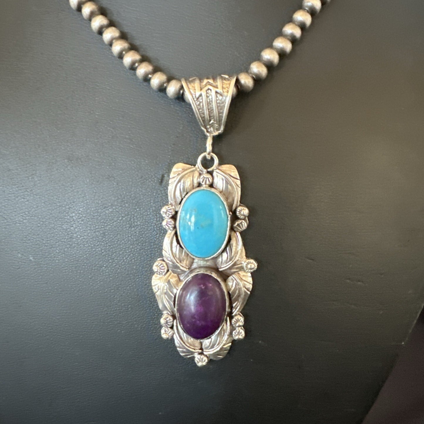Blue Kingman Turquoise  Purple Stone Pendant Navajo Sterling Silver 18037