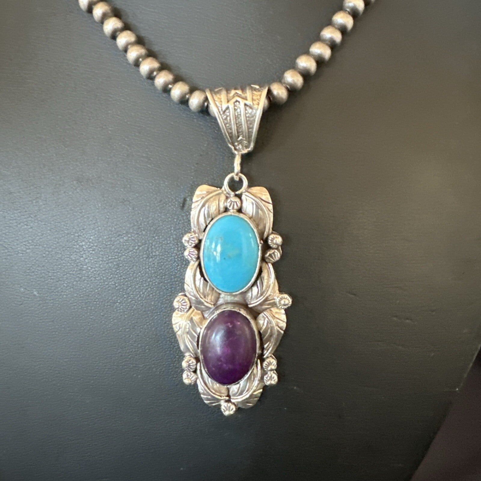 Blue Kingman Turquoise  Purple Stone Pendant Navajo Sterling Silver 18037