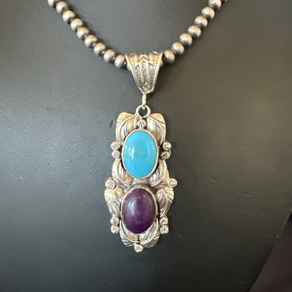 Blue Kingman Turquoise  Purple Stone Pendant Navajo Sterling Silver 18037