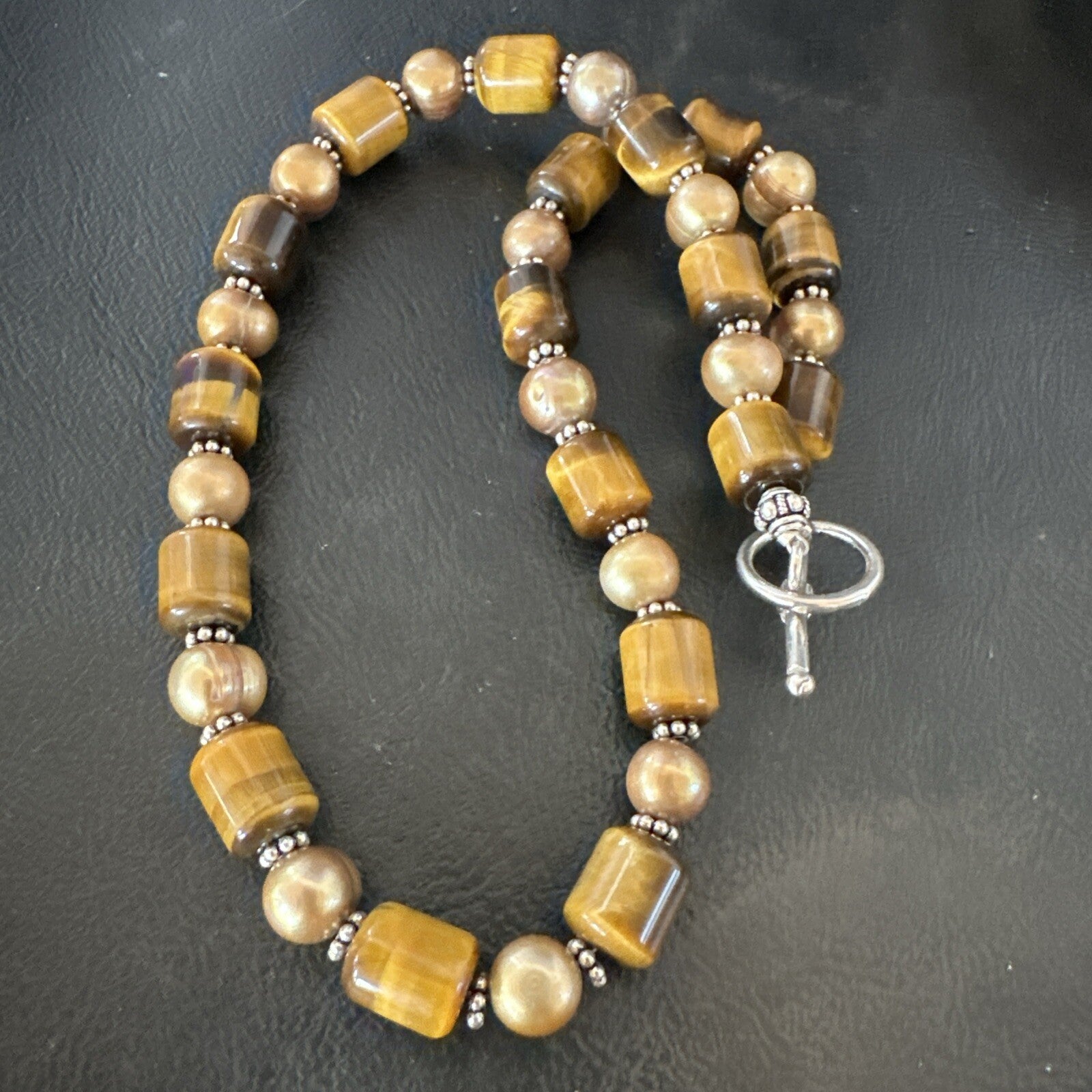 Coffee Tigers Eye Culture Pearl Sterling Silver Necklace Wrap Bracelet 17” 18737