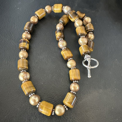 Coffee Tigers Eye Culture Pearl Sterling Silver Necklace Wrap Bracelet 17” 18737