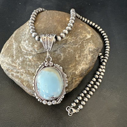 Mens Blue Dry Creek Turquoise Pendant Navajo Pearls Sterling Necklace 18681