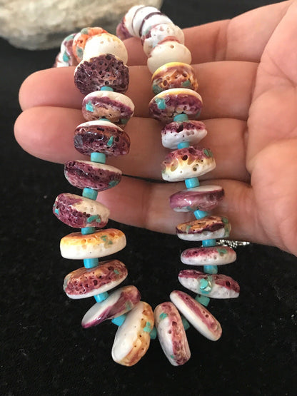 Purple Spiny Oyster & Turquoise Bead Navajo Sterling Silver Necklace 08439