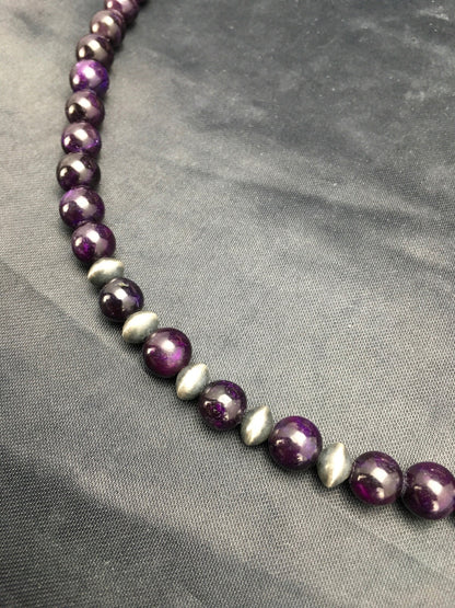 Purple Stone Round Bead Navajo Indian Sterling Silver Necklace 08110