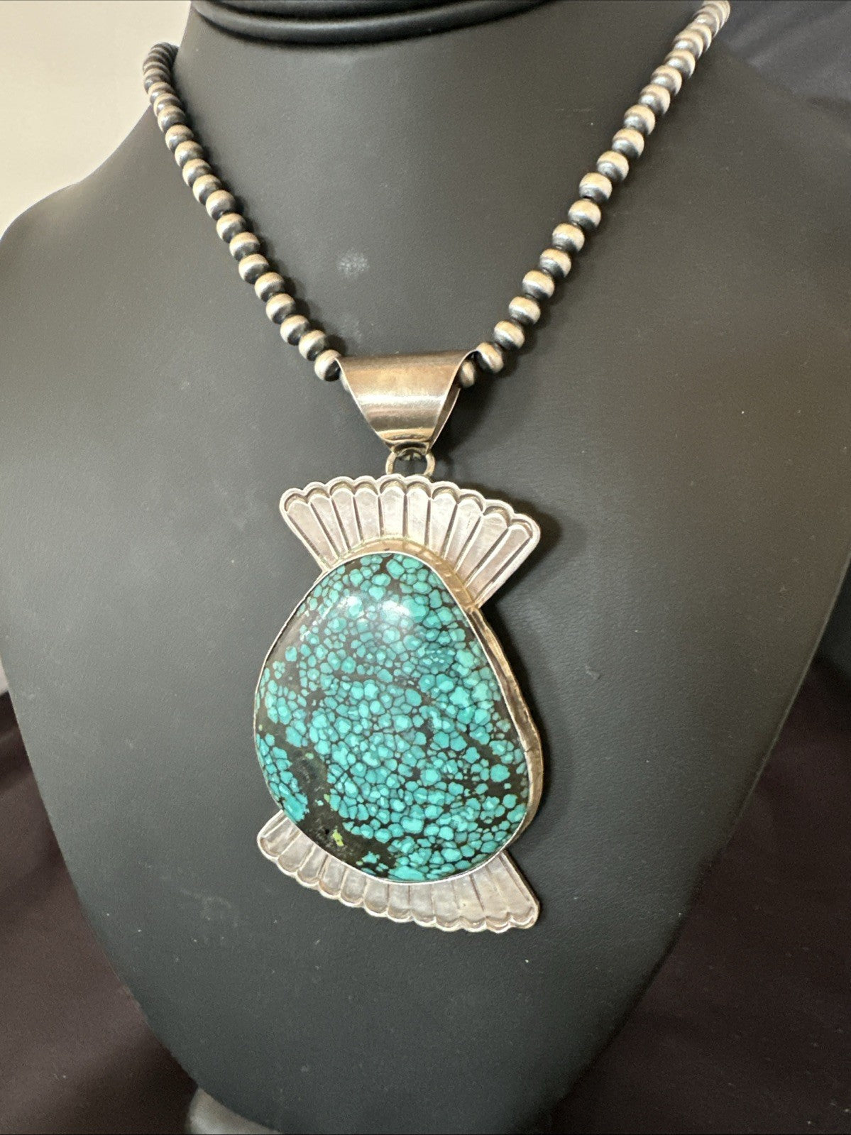 WoMens Blue Spiderweb Turquoise Pendant Navajo Sterling Silver Necklace 19299