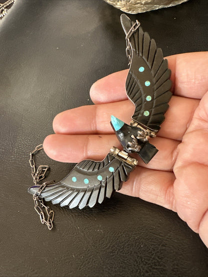 Navajo Flying Eagle 4.5"  Black Jet Turquoise Necklace F Tom 20” 19420
