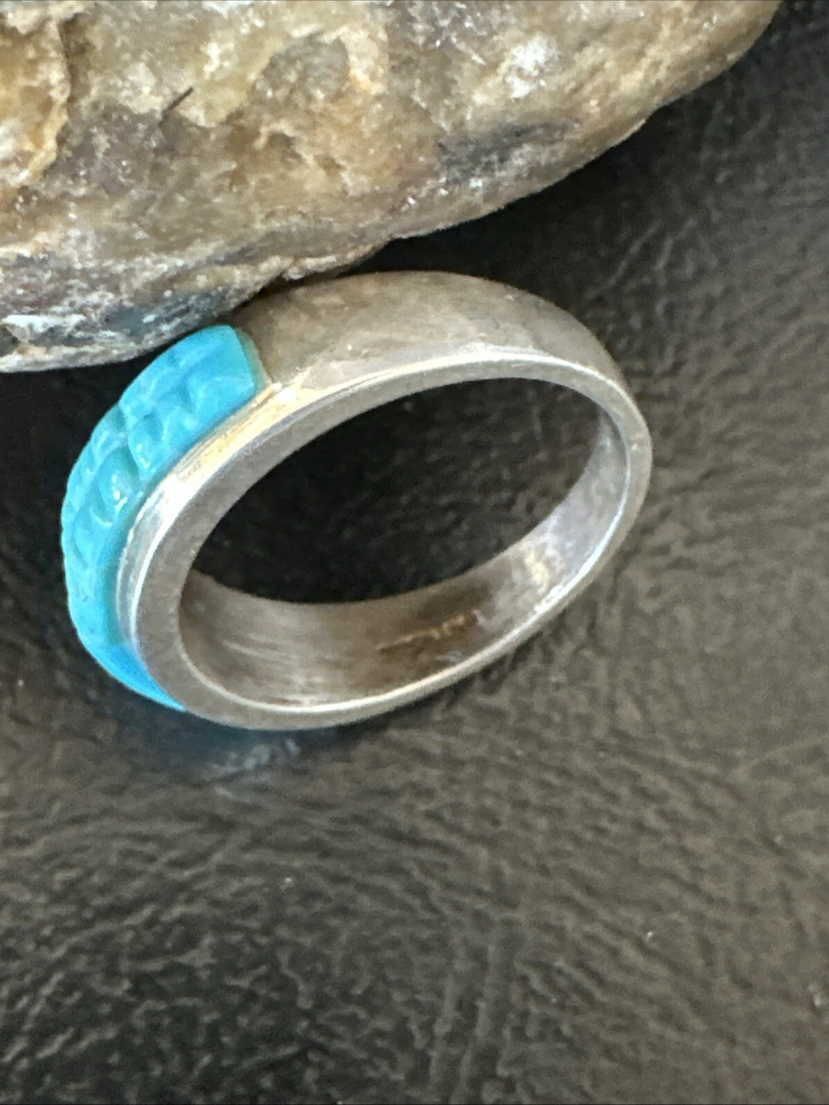 Blue Turquoise Navajo Sterling Silver Corn Inlay Band Ring Size 8.5 18815
