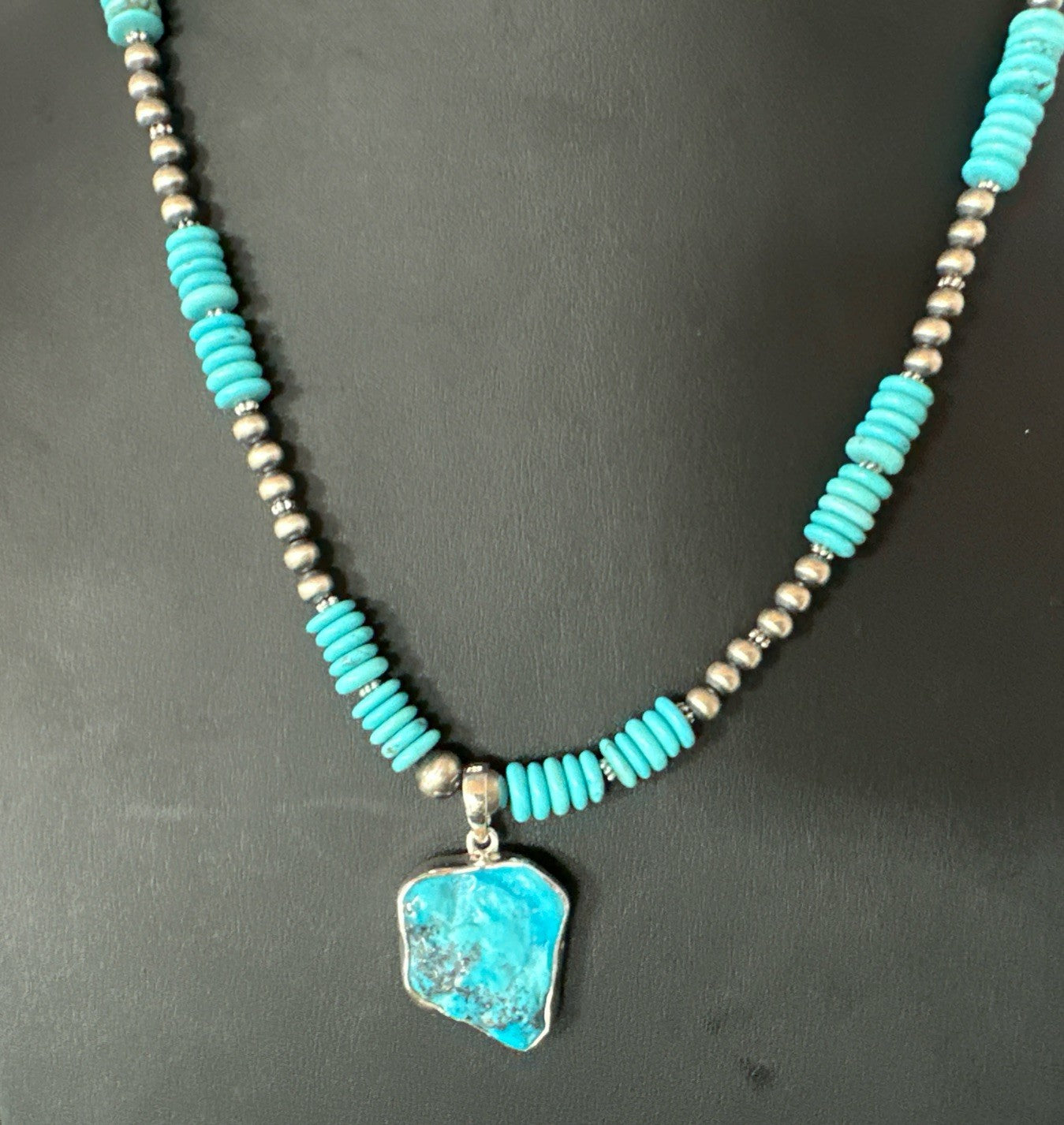 Blue Kingman Turquoise 2 Sided Pendant Navajo Sterling Native Necklace 20" 19516