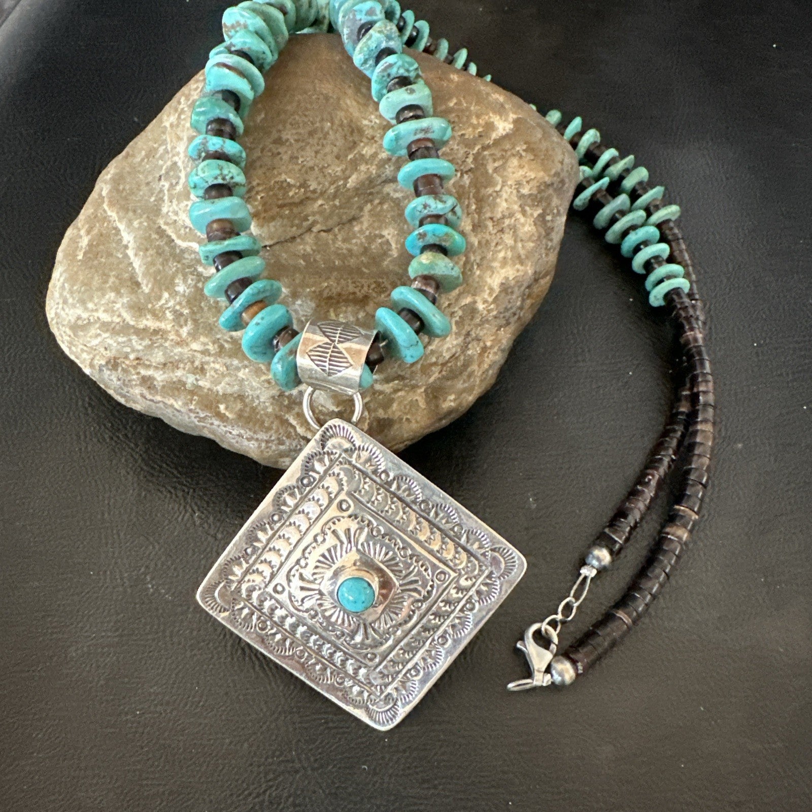 Navajo Blue Turquoise Stamped Pendant Shell Sterling Silver 25” Necklace 19707