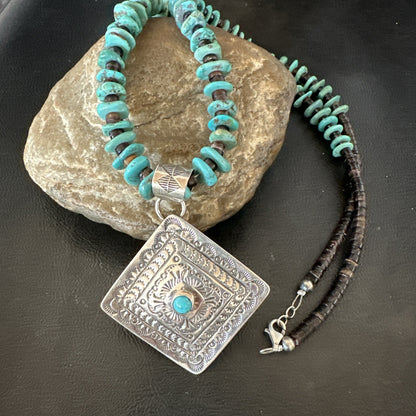 Navajo Blue Turquoise Stamped Pendant Shell Sterling Silver 25” Necklace 19707
