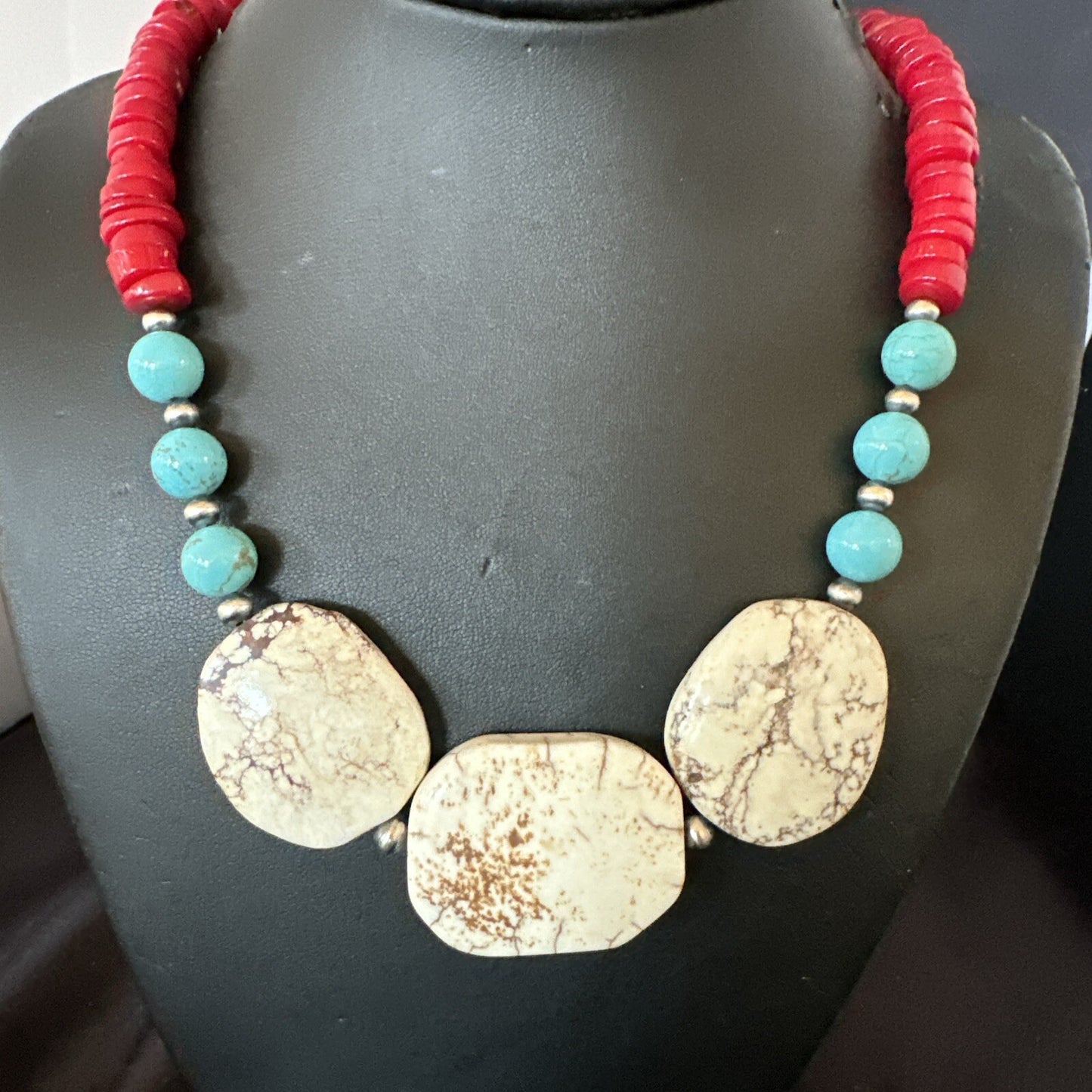 Mens Wild Horse Blue Turquoise Red Coral Navajo Sterling Silver Necklace 17981
