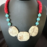 Men's Wild Horse Blue Turquoise Red Coral Navajo Necklace | Sterling Silver | Authentic Native American Handmade | 17981