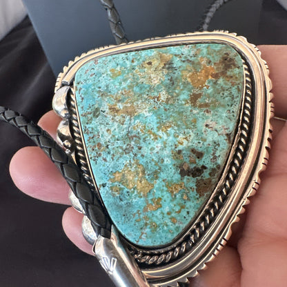 Native Mens Blue Green Royston Turquoise Bolo Tie Sterling Silver Navajo 19593