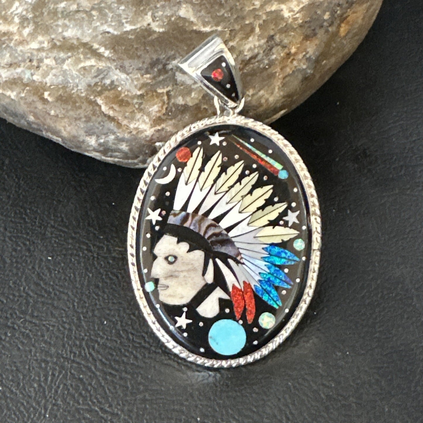 Turquoise Navajo Sterling Silver IndianHead MultiColor Inlay Pin Pendant 15156