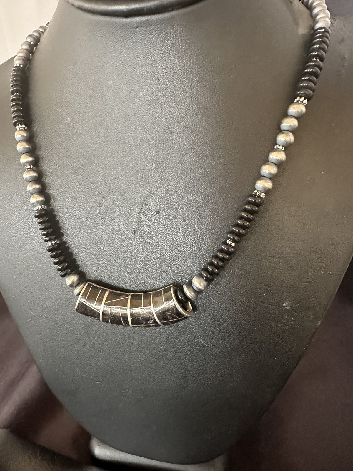 Mens Womens Black Onyx Pendant Navajo Sterling Silver Beads Necklace 18330