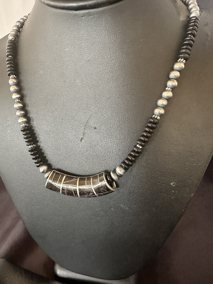 Mens Womens Black Onyx Pendant Navajo Sterling Silver Beads Necklace 18330
