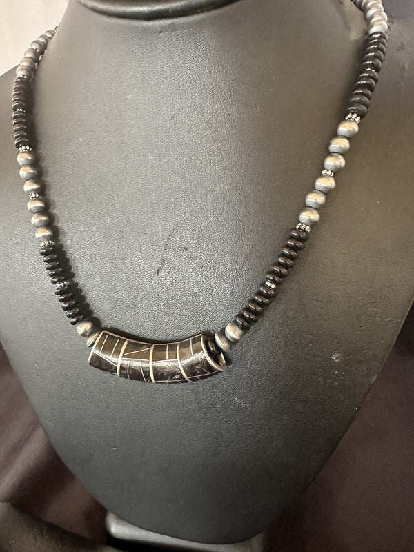 Men's Women's Black Onyx Pendant Navajo Beads Necklace | Sterling Silver | Authentic Native American Handmade | 18330
