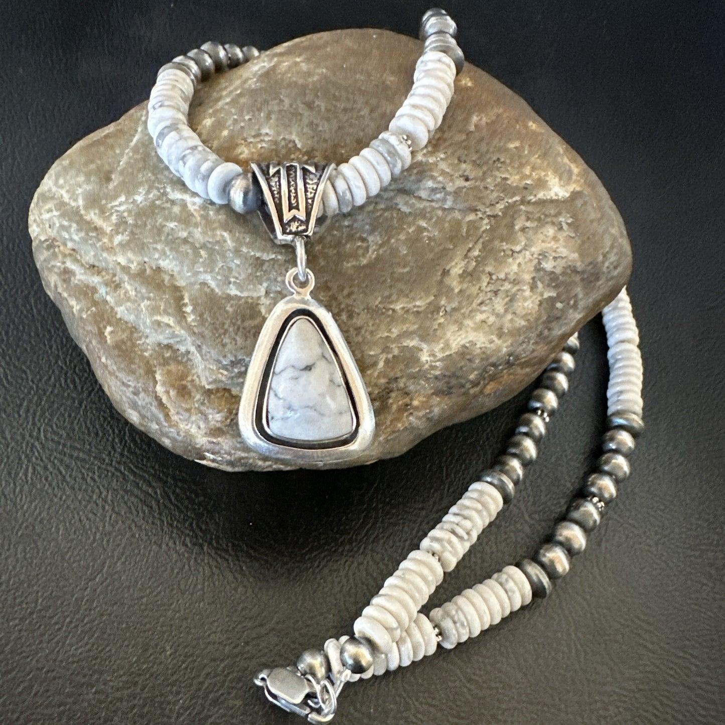 White Buffalo Turquoise Pendant Navajo Pearls Sterling Silver Necklace 22" 18260