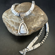 White Buffalo Turquoise Pendant Navajo Pearls Necklace 22" | Sterling Silver | Authentic Native American Handmade | 18260