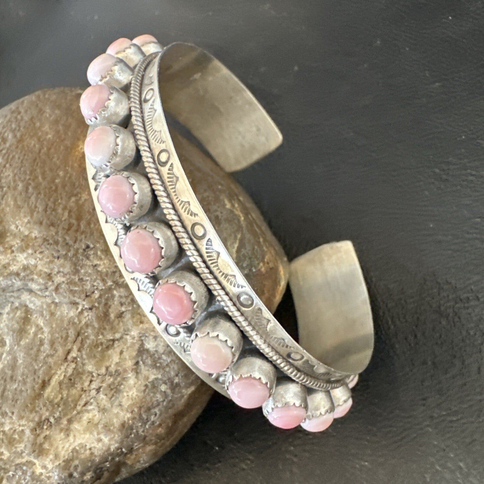 Navajo Pink Conch Cluster Sterling Silver Cuff Bracelet 18854