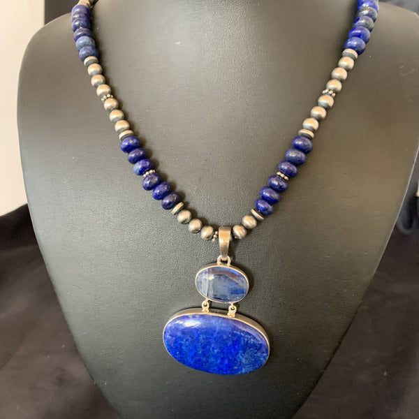 Lapis Lazuli Pendant Navajo Pearls Necklace | Sterling Silver | Authentic Native American Handmade | 11366