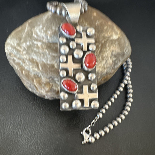 Navajo Pearls Red Coral Necklace Pendant 20" | Authentic Native American Handmade | 15909
